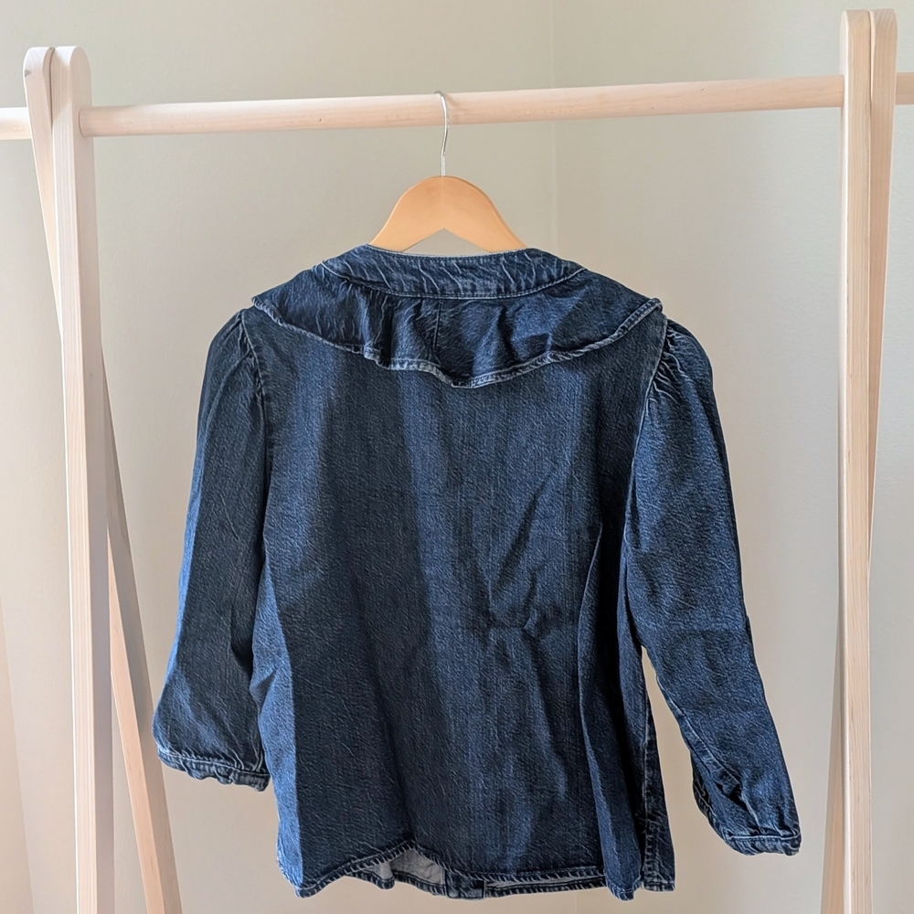 NWT Zara Denim Ruffle Button-Front Blouse In Dark Wash - M - Picture 6 of 7